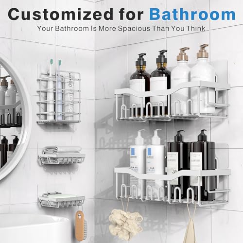 EUDELE 5-Pack Rustproof Stainless Steel Shower Caddy Set– No Drill Adhesive Bathroom Organizer, Space-Saving Shower Shelves for Apartment Essentials, Bathroom/Kitchen Storage Home Decor-L Size - color: White-5pcs