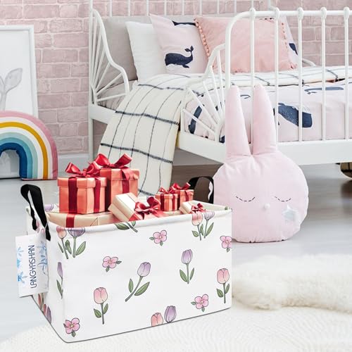 LANGYASHAN Rectangular Storage Bin Collapse Canvas Fabric Cartoon Storage Basket with Handles for Organizing Home Kitchen Boys and Girls Toys Office Closet Shelf Baskets (Rec Romantic Tulip) - color: Rec Romantic Tulip