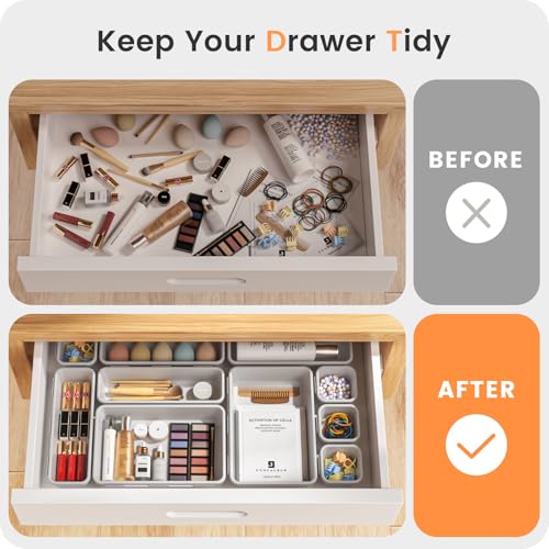 A-LuGei 【𝟮𝟴𝗣𝗖𝗦】 【𝟱𝗦𝗶𝘇𝗲】 White Drawer Organizer, Makeup organizer, 【Holds 177 Items】 Bathroom Organizers and Storage, Plastic Desk Organizer Divider, Organizer Bins for Office Vanity - color: White