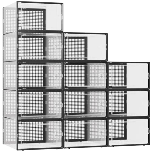 Kuject XXX-Large Shoe Storage Boxes Organizers Clear Plastic Stackable 12 Pack, Shoe Rack & Holder Substitute, Sneaker Containers, Toy Storage Organizer Bins for,Closet, Under Bed, Black(No Fold Line) - color: Black, size: XXX-Large