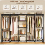 ONBRILL F5 Extra Large Industrial Pipe Clothing Rack, Freestanding Portable Closet Organizer System with Shelves & Hanging Rods, 88.6'' Wide Heavt Duty Clothes Rack, Max Load 1300lbs, Black - color: Black