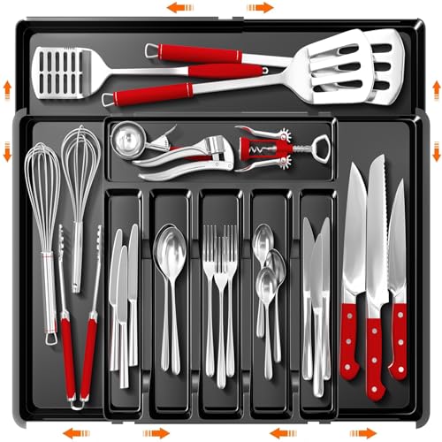 Large Silverware Organizer, Expandable BPA Free Kitchen Silverware Drawer Organizer, 9 Slots Cutlery Utensil Tray with Dividers, Adjustable Flatware Storage Holder for Spoons Forks Knives