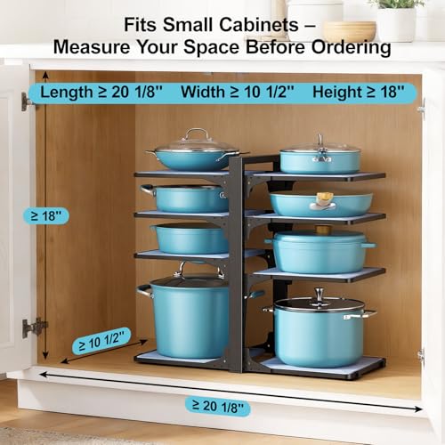LAMU Pots and Pans Organizer under Cabinet, 8-Tier Heavy Duty Pan Organizers inside Cabinet, Adjustable Pot Rack for Small Kitchen Storage, 15" Height Holds Cast Iron Pans and Skillets Black - color: Black