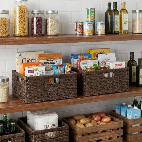 StorageWorks Large Storage Baskets for Shelves, Wicker Shelf Baskets for Organizing, Water Hyacinth Basket with Handles, Decorative Storage Basket for Toy, Pantry Organizers - color: Brown (Water Hyacinth), size: 16 ½"L x 13"W x 7 ½"H