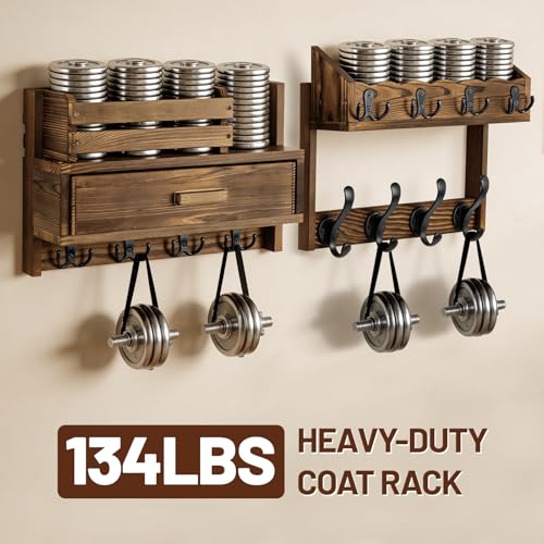 29" Coat Rack Wall Mount with Shelf & Drawer, Heavy Duty Wood Entryway Organizer, Wall Coat Hanger with 12 Metal Hooks, Wall Mounted Coat Rack Key & Mail Holder for Living Room, Bedroom - color: Brown, size: 29 inch