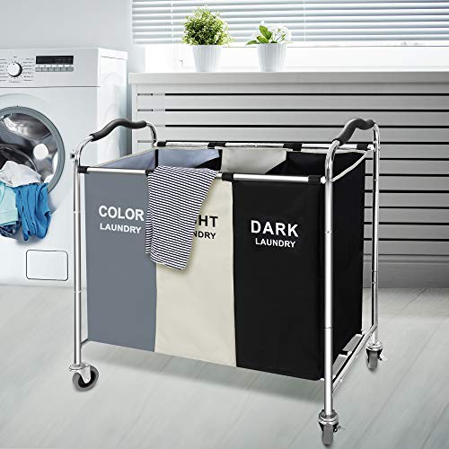 Laundry Basket with Wheels, 240l Laundry Hamper with 3 Section Laundry Bag for Dirty Clothes, Dorm Room Essentials, Towel Organization & Toys Storage Laundry Cart in Laundry Room Organization - color: White
