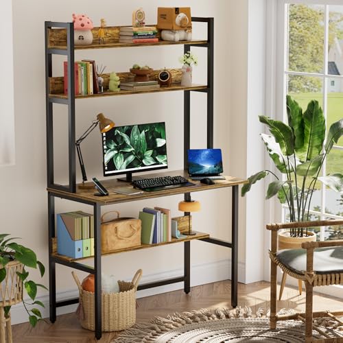 Aquzee Computer Desk with Hutch, 40“W x 19.6" D Desk with Shelves, Tall Home Office Desk with Bookshelf, Metal Legs Study Table with Upper Storage Shelf for Study Writing/Workstation, Brown - color: Brown, size: 40inch