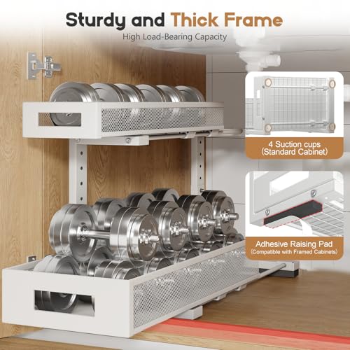 2 Pack 19IN Depth Under Sink Storage Organizer, Large 2-Tier Elegant Mesh Pull Out Shelf for Kitchen and Bathroom Cabinet Organization, L-Shaped and Adjustable Height Design-White - color: White, size: 2 Pack-19"Dx11.4"-16.14"H