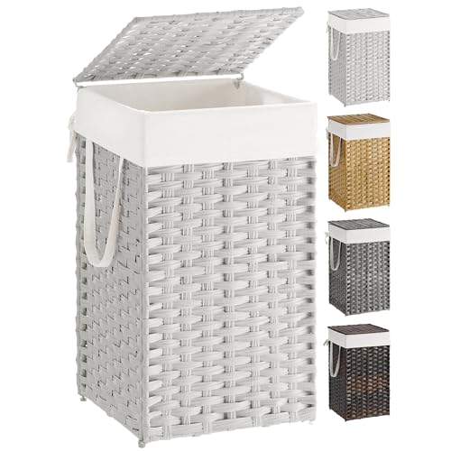 SONGMICS Laundry Hamper with Lid, 17.2 Gallon (65 L) Synthetic Rattan Clothes Laundry Basket with Lid and Handles, Foldable, Removable Liner, Cloud White ULCB165W01 - color: Cloud White, size: 65 L