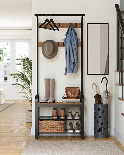 VASAGLE Coat Rack, Hall Tree with Shoe Bench for Entryway, Entryway Bench with Coat Rack, 4-in-1, with 9 Removable Hooks, a Hanging Rod, 13.3 x 28.3 x 72.1 Inches, Rustic Walnut and Black UHSR040B41 - color: Rustic Walnut + Black, size: 28.3"W