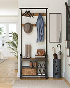 VASAGLE Coat Rack, Hall Tree with Shoe Bench for Entryway, Entryway Bench with Coat Rack, 4-in-1, with 9 Removable Hooks, a Hanging Rod, 13.3 x 28.3 x 72.1 Inches, Rustic Walnut and Black UHSR040B41 - color: Rustic Walnut + Black, size: 28.3"W