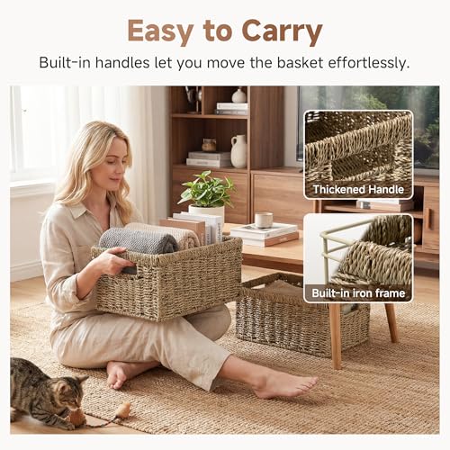 StorageWorks Wicker Storage Baskets, Handwoven Seagrass Basket for Organizing, Decorative Organizers with Built-in Handles, Set of 2 - color: Natural (Seagrass), size: 15"L x 11½"W x 7"H + 13"L x 9"W x 6¼"H