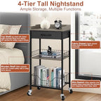Tall Side Table with Drawer and Shelves, Narrow End Table with Optional Wheels, 4-Tier Small Side Table, 30" High for Living Room, Bedroom, Bathroom, Black & Grey - color: Black With Grey