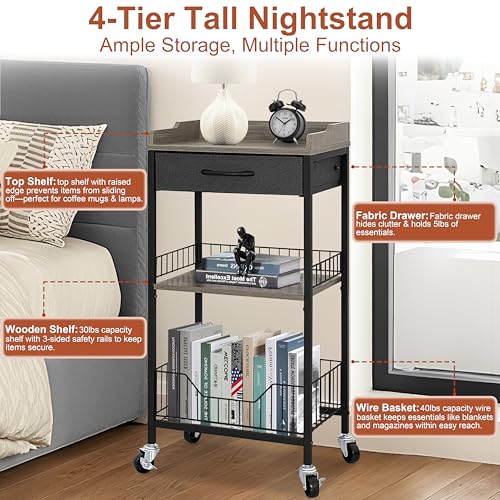 Tall Side Table with Drawer and Shelves, Narrow End Table with Optional Wheels, 4-Tier Small Side Table, 30" High for Living Room, Bedroom, Bathroom, Black & Grey - color: Black With Grey