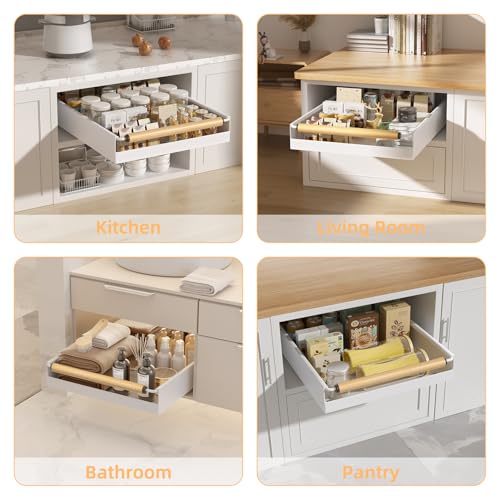 Pull Out Cabinet Organizer, 15.3'' Deep Expandable Slide Out Cabinet Organizer Fixed with Adhesive Nano Film, Slide Out Drawers Pull Out Tray for Cabinet in Kitchen, Pantry, Bathroom, White - color: White