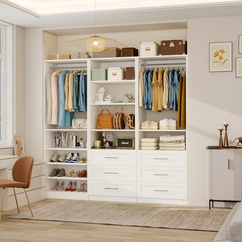 Closet System With 3 Sets, 6–16 Ft Closet Organizer System With 6 Drawers, Walk-In Closet With 9 Shelves & 5 Adjustable Hanging Rods, Customizable Modular Closet Kit, White