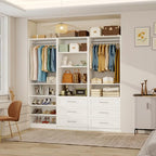 Closet System With 3 Sets, 6–16 Ft Closet Organizer System With 6 Drawers, Walk-In Closet With 9 Shelves & 5 Adjustable Hanging Rods, Customizable Modular Closet Kit, White