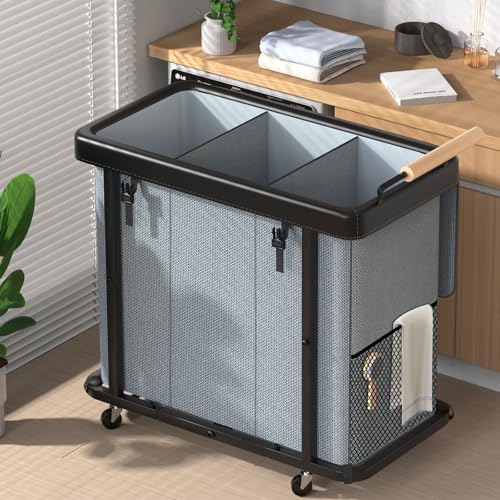 60 Gal (230L) Laundry Hamper 3 Section with Lid, Leather Patchwork Laundry Sorter with Rolling Lockable Wheels and Handle, Laundry Basket Organizer for Laundry Room, Bedroom and Bathroom - Gray - color: Gray-3 Section, size: 3 Section