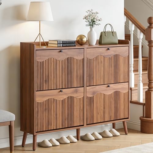 Bifins Shoe Storage Cabinet with 4 Wavy Fluted Flip Drawers, Modern 47.2” Wide Hidden Narrow Shoe Rack Cabinet for Entryway Foyer Hallway (Walnut 4 Drawer) - color: Walnut 4 Drawer