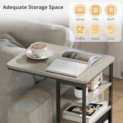 C Shaped End Table 28"(H) 3-Tier C Table with Storage Bag, Under Couch Table C-Shaped End Table with Storage Shelves and Bag for Living Room, Bedroom, or Office - color: Oak, size: Wood