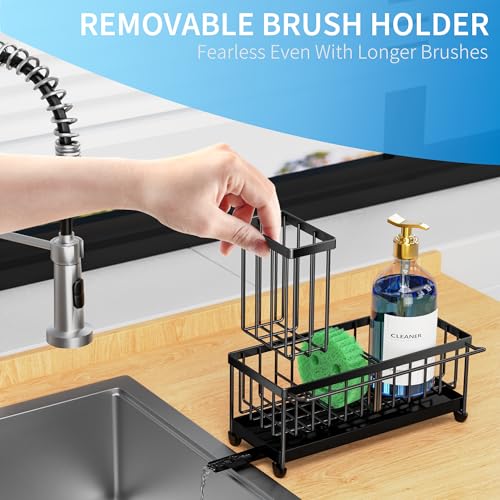 Cisily Sponge Holder for Kitchen Sink, Sink Caddy Organizer with High Brush Holder, Kitchen Countertop Organizers and Storage Essentials, Rustproof 304 Stainless Steel (Black with Towel Rack, 9.25″) - color: Black With Towel Rack