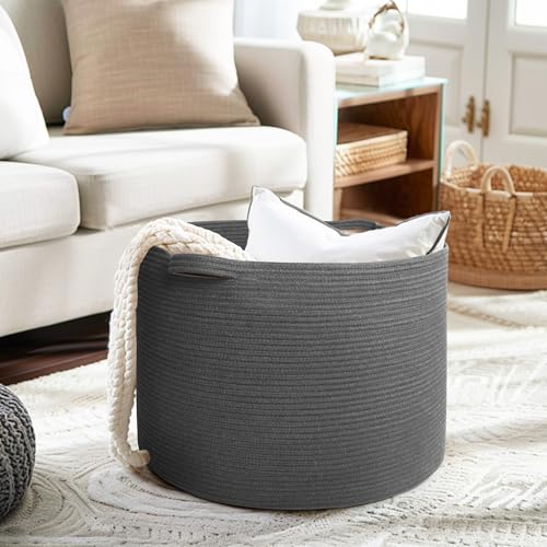 Extra Large Blanket Basket, 22"x14" Woven Cotton Rope Baskets for Organizing, Kids Dog Toy Bin Box, Large Wicker Blanket Storage for Living Room, Throw Pillow Holder Organizer, Dark Gray - color: Dark Gray