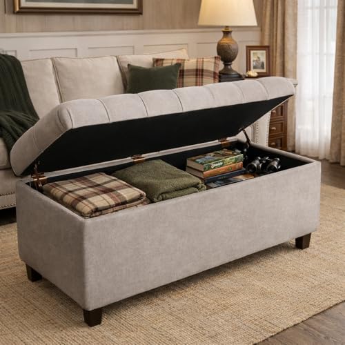 Homepop Home Decor | Tufted Ainsley Button Storage Ottoman Bench with Hinged Lid | Ottoman Bench with Storage for Living Room & Bedroom, Grey - color: Grey