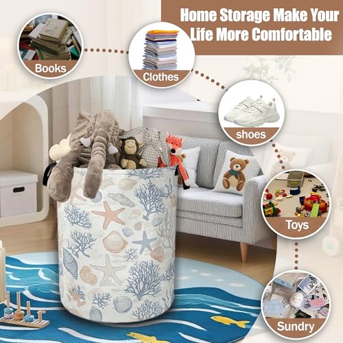 Seashells Starfish Laundry Basket,Waterproof Foldable Laundry Hamper,Dirty Clothes Basket, Linen Bin Storage Organizer Collection 16" x 20.8" - color: Seashells Starfish