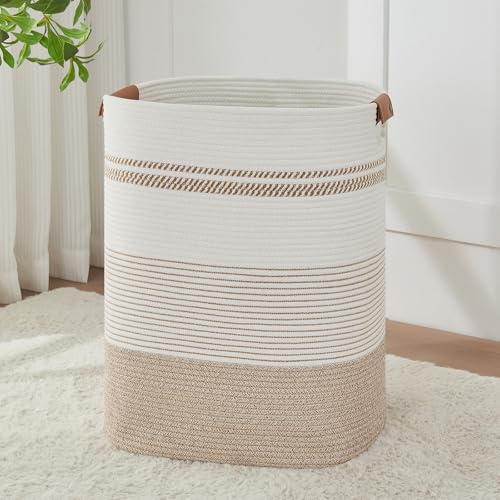 AINUOQI Laundry Basket with Handles - Blanket Basket & Hampers for Bedroom Aesthetic, Laundry Hamper & Blanket Storage for Living Room, Clothes Hamper, Tall, Large 17" x 14" x 22”, Light Brown & White - color: Light Brown & White, size: 85L
