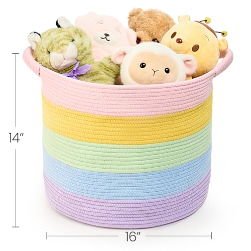 Blanket Basket - Woven Round Rope Storage Basket (16"Wx14"H) for Blankets & Throws, Small Laundry & Toy Organizer, Decorative Living Room & Bedroom Cotton Basket - Rainbow - color: Rainbow, size: Regular-16"Wx14"H