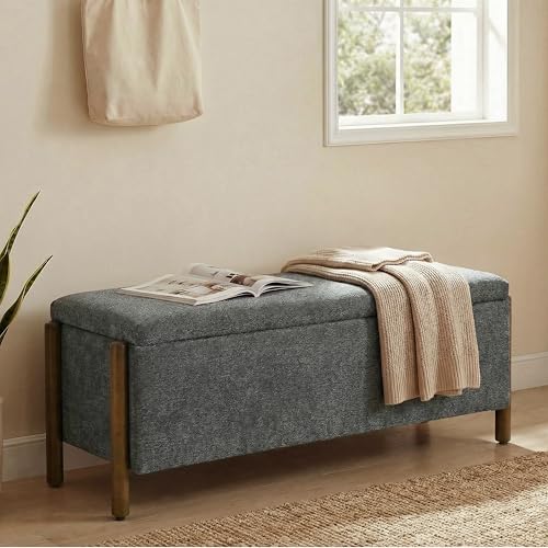 Usaint Wooden Storage Ottoman Bench, 47" Fabric Upholstered End of Storage Bench with Rubberwood Legs, Entryway Bench with Storage for Bedroom, Living Room, Reception, Cloakroom, Charcoal - color: Charcoal