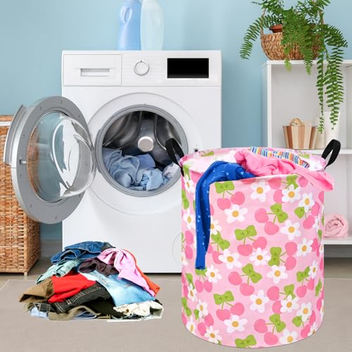 KUNRO Kids Laundry Hamper Clothes Gift Basket Storage Laundry Baskets Organizer Bin with Handles for Nursery Room (Pink Cherry) - color: Cherry