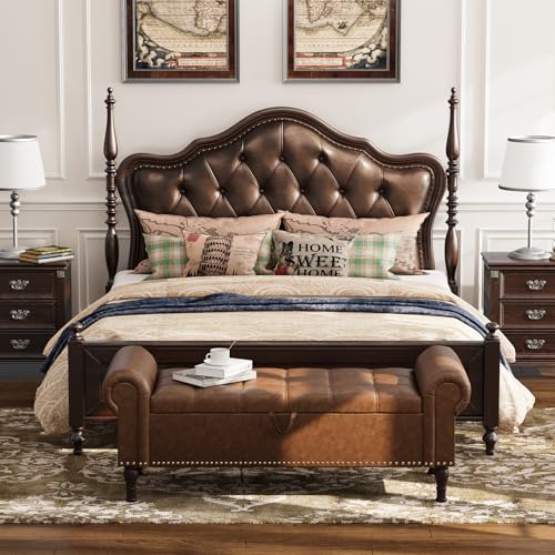 Apicizon 51” Bench with Storage, Upholstered Tufted Button Bedroom Bench with Storage, Faux Leather Ottoman Bench for Bedroom, Living Room, Entryway, Yellow Brown - color: Brown, size: 51 Inches