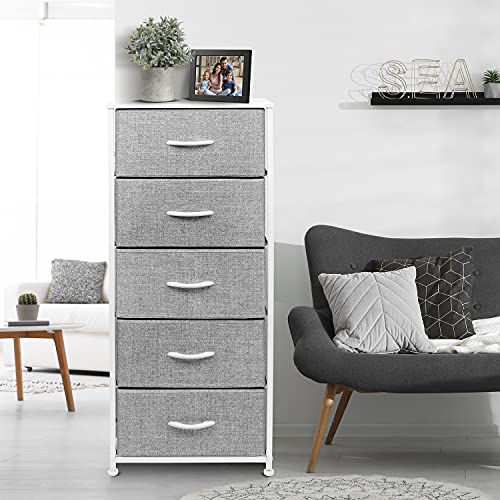 Sorbus Nightstand with 5 Drawers - Bedside Furniture & Night Stand End Table Dresser with Steel Frame, Wood Top, Easy Pull Fabric Bins for Home, Bedroom Accessories, Office & Dorm - color: White, style: 5 Drawer