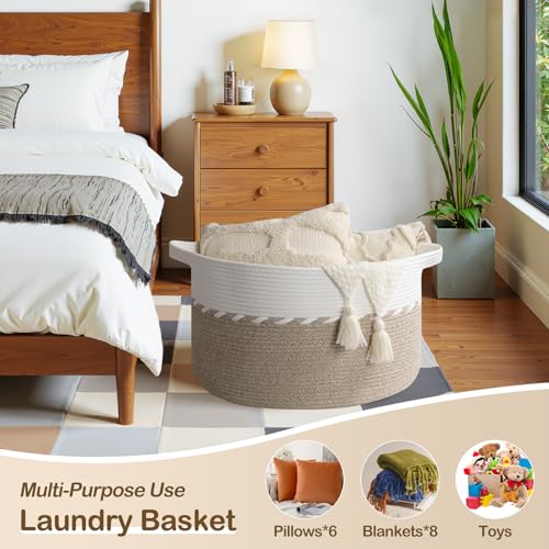 OIAHOMY 105L Blanket Basket for Living Room, Large Basket 23.6" x 23.6" x 14.6" with Handle, Laundry Hamper for Blankets, Pillows, Toy Storage for Kids, Dogs - Light Brown & White - color: Light Brown & White, size: 23.6" x 23.6" x 14.6"