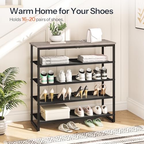HOOBRO Shoe Rack, 5 Tier Shoe Storage Organizer with 4 Oxford Fabric Shelves and Top Panel, Holds 16-20 Pairs of Shoes, for Entryway and Closet, Industrial, Greige and Black BG50XJ01 - color: Greige + Black, size: 29.5"L x 11.2"W x 29.5"H