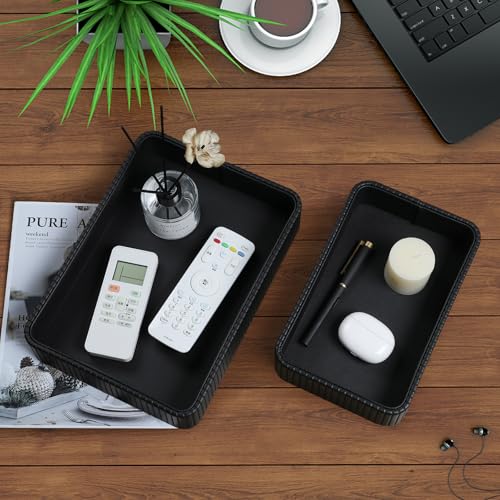 Desk Organizer Tray, PU Leather Nightstand Organizer Perfume Valet Tray for Men Women, Decorative Vanity Trays Trinket Dish Key Bowl for Entryway Table (2pcs, Black, Large+Small) - color: Black, size: 11.5" x 8.3" x 2.2"& 9.5" x 6" x 2.2"