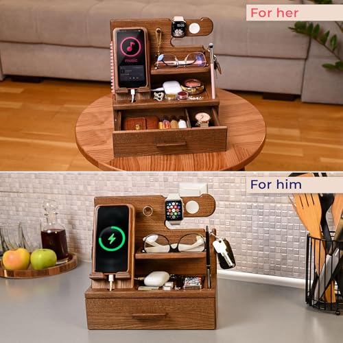 TESLYAR Wood Phone Docking Station with Drawer - Nightstand Organizer - Desk Organizer for Husband - Birthday Gifts for Men, Dad, Anniversary Idea, Key Holder Stand Watch & Accessories (Earth Beige) - color: Earth Beige