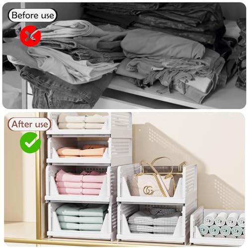 CTSNSLH 5 Pack Closet Organizers Storage Box, Closet Storage Stackable Storage Bins, Plastic Drawer Basket for Wardrobe Cupboard Kitchen Bathroom Office, White - size: 5 PACK-L