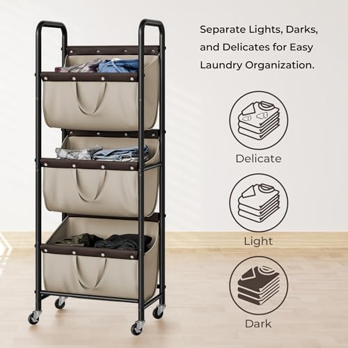 GRANNY SAYS 3 Tier Laundry Sorter, Laundry Basket with Wheels, Laundry Room Organization and Storage, 3 Section Rolling Laundry Cart for Dorm, Bathroom, Bedroom, Closet, Light Khaki - color: Light Khaki