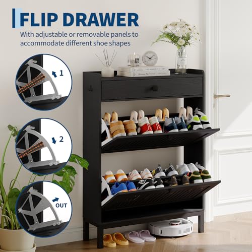 2-Door Flip Front Shoe Cabinet with Adjustable Shelves – Hidden Entryway Storage Organizer for Hallway, Foyer, Living Room – Freestanding Wooden Shoe Rack with Large Capacity & Modern Design, Black - color: Black, size: 9.45"D x 31.4"W x 43.4"H