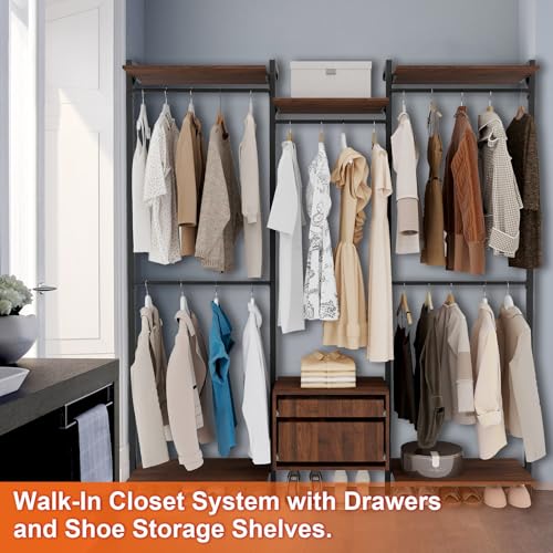 Wall-Mounted Steel & Wood Closet Organizer System with 4 Adjustable Shelves, 5 Hanging Rods, and 2 Drawers – Modern Open Wardrobe, Walnut - color: BC03-walnut