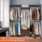 Wall-Mounted Steel & Wood Closet Organizer System with 4 Adjustable Shelves, 5 Hanging Rods, and 2 Drawers – Modern Open Wardrobe, Walnut - color: BC03-walnut