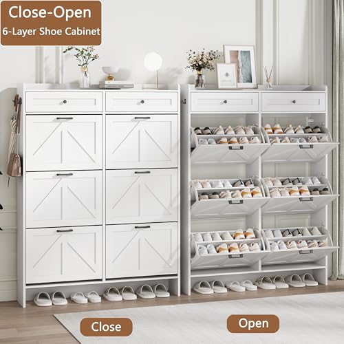 Shoe Cabinet with 6 Flip Drawers & 2 Top Drawers, 57" Tall Freestanding Narrow Wooden Shoe Storage Organizer for Entryway, Hidden Slim Shoe Rack for Front Door Entrance, Hallway, Living Room, White - color: White, size: 6 Flip Drawers