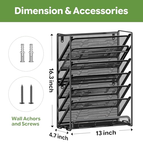 Ekisemio 7-Tier Wall File Organizer, Hanging Mesh File Holder with 4 Hooks, Sturdy Metal File Rack for Desk or Wall, Home Office Storage, Black