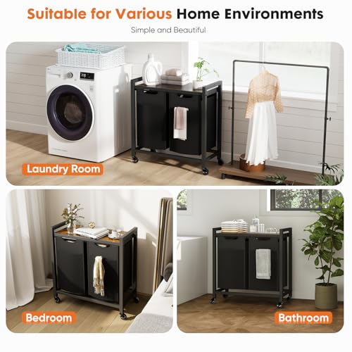 DUMOS Laundry Hamper with 2 Pull-Out Removable Sorter Bags, Movable Wheels, Freestanding Clothes Basket Organizer in Bathroom, 2 × 13.1Gal (99L) Capacity, Rustic Brown and Black - size: 26.2 Gal (99L)