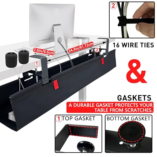Under Desk Cable Management No Drill – 36" L x 6" W Cord Organizer, Upgraded Silicone Pads (No Scratch), 16 Cable Slots, Washable PE Honeycomb Base, Fits Desks 0–2.1" Thick, Black - color: Black, size: Upgraded with Enhanced Features-36"L x 6.0"W