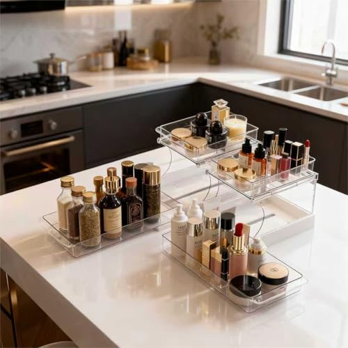 Jsyrjing Pull Out 2 Tier Under Sink Organizer Clear Cabinet Organizer for Kitchen Bathroom Storage Rotating Pantry Rack for Spice Organization and Makeup Organizer for Drawer Durable Design 2 Pack - size: 2 Pack