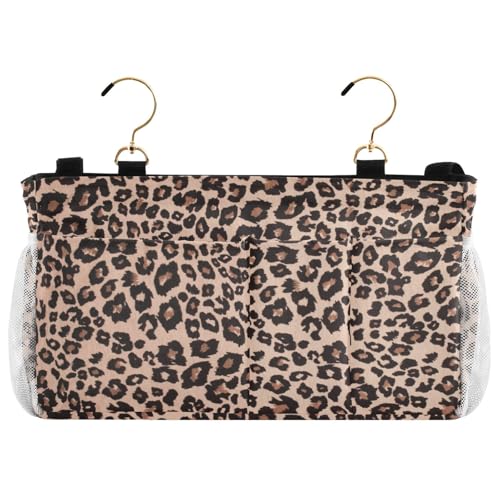 Bedside Caddy Hanging Bunk Bed Caddy Bed Organizer Hanging Pocket with 2 Hooks Bedside Storage Organizer Pocket Bag Holder Leopard Print Brown - color: Leopard Print Brown