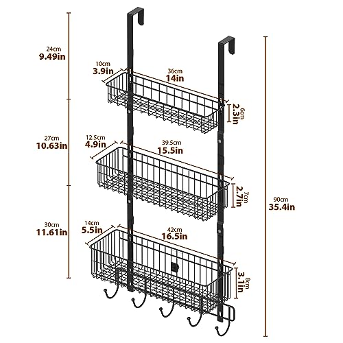 YBING Over The Door Organizer with Hooks 3 Tier Back Towel Hanger Baskets Metal Behind Hanging Storage Shelf Pantry Racks for Bedroom Bathroom Black, R01-R984 - color: Black